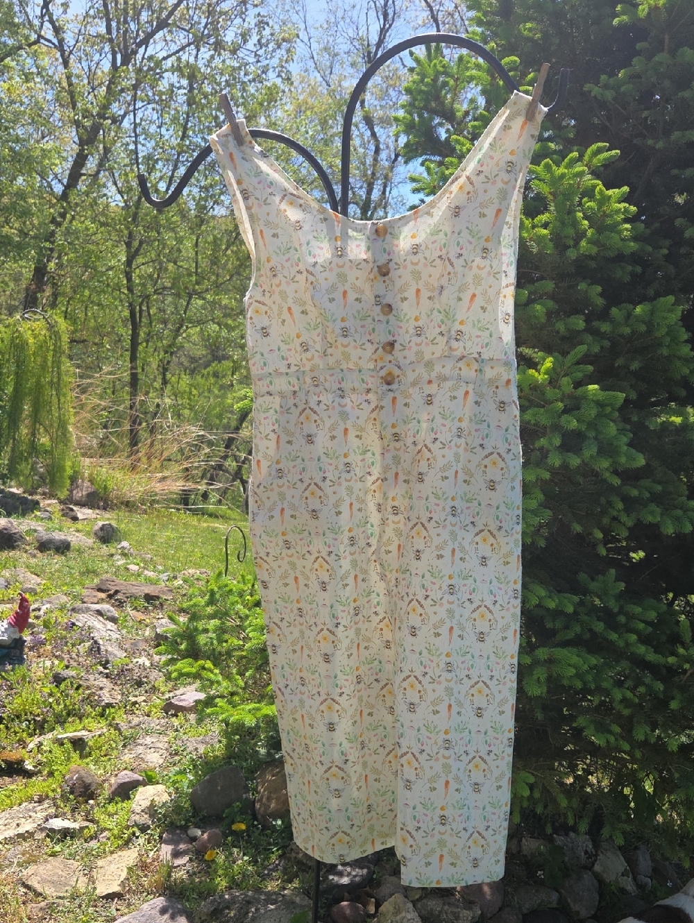 Denim Sleeveless Floral Bee Print Midi Dress - Cream with Yellow & Green